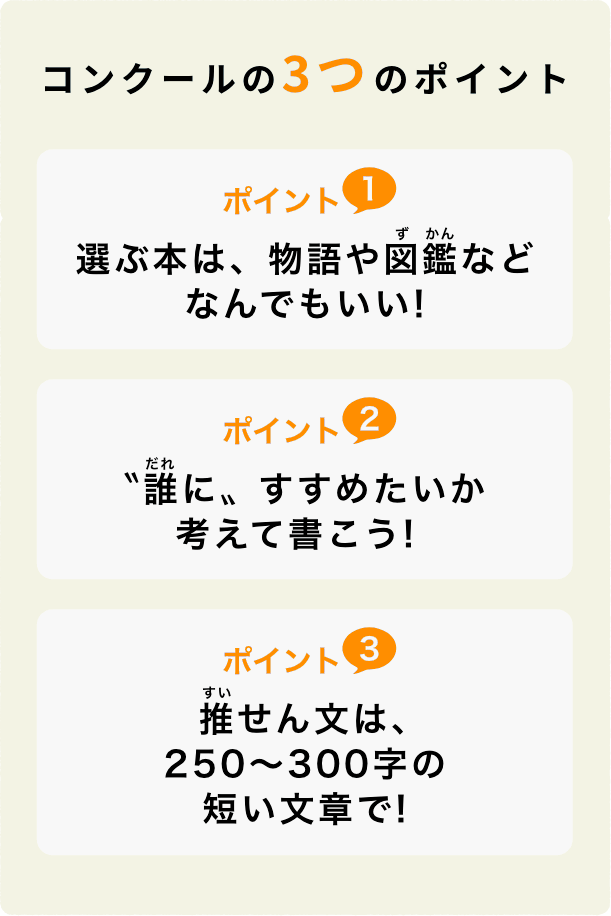 コンクールの3つのポイント ポイント1 選ぶ本は、物語や図鑑などなんでもいい! ポイント2 〝誰に〟すすめたいか考えて書こう! ポイント3 推せん文は、250〜300字の短い文章で!